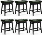Counter Height Bar Stools Set of 6 for Kitchen Counter Farmhouse Modern Barstools with Faux Leather Upholstered Backless Seat and Solid Wood Legs 24 inch Bar Chairs, Green + Black