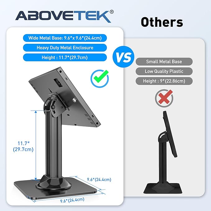 AboveTEK Anti-Theft iPad Kiosk Stand, POS iPad Security Stands, Aluminum Locking Tablet Stand with Heavy Duty Base, 360° Swivel & 75° Tilt, Retail Desk Mount for Business & Commercial Use (Black)