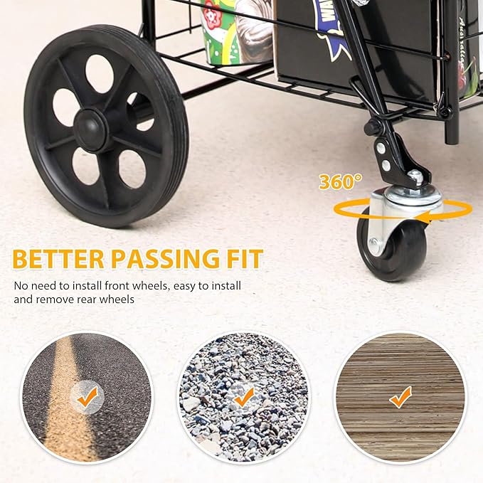 Grocery Shopping Cart with 360° Rolling Swivel Wheels Utility Cart Easily Collapsible Cart 66lb Extended Foam Cover, Trolley for Laundry,Groceries,Travel Black (Medium)