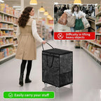 Boczif Large Laundry Basket Hamper Bag, Reusable Grocery Bag Collapsible Cart with Wheels and Handle, Rolling Tote Shopping Bags Storage Organizer for Clothes & Groceries, Trip, Sports, Picnic (Black)