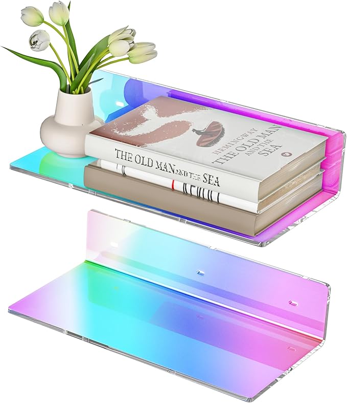 12 Inches Iridescent Acrylic Wall Shelves Set of 2, Wall Mounted Shelf for Funko Pop Shelves, Smart Speaker, Plants, Picture Frame, Digital Clock, 2 Pack