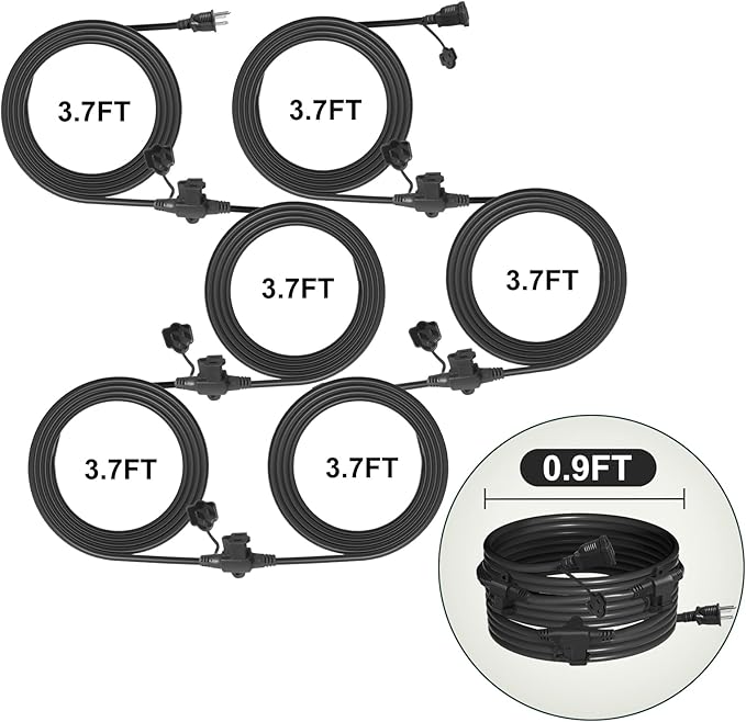 oviitech 25FT Black Outdoor Extension Cord,5 Evenly-Spaced Outlet Plugs,Multiple Outlets with Weatherproof Power Cord.