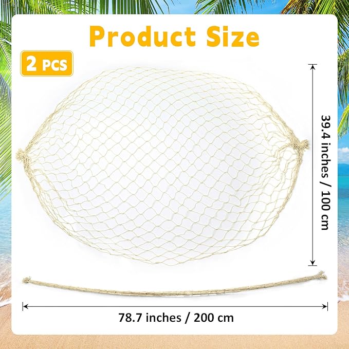2 Pcs Fish Net Decorations, 39x78 Inch Cotton Nautical Themed Fishing Net, Wall Hanging Photo Display Fishnet for Coastal Bedroom Bathroom, Pirate Hawaiian Beach Under The Sea Party Decor, Beige