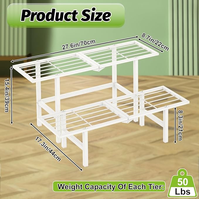 2 Tier Metal Foldable Plant Stand Outdoor Indoor Waterproof, Stackable Heavy Duty Outdoor Plant Shelf, Ladder Plant Stands Display Rack for Garden Window, White