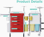 Medical Rolling Crash Cart with Integrated Medical Countertop -CPR Board, IV Pole, O2 Holder, Trash Bin, Silent Casters, Drawers with Dividers, Nursing Cart for Clinic, Hospital, Nursing Center