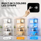 Display Cabinet with Glass Doors, 4-Tier Curio Cabinet with 3 Color Lights for Collectibles, Glass Display Case with Human Body Sensor, Bookcase with 4 Shelves, Storage Cabinets, White
