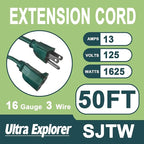50 Ft Indoor Outdoor Green Extension Cord, 16/3 SJTW Heavy Duty Water-Resistant, 3 Prong Grounded Plug Power Cord for Home Appliance, Lights and Lawn, 13A 1625W, UL Listed
