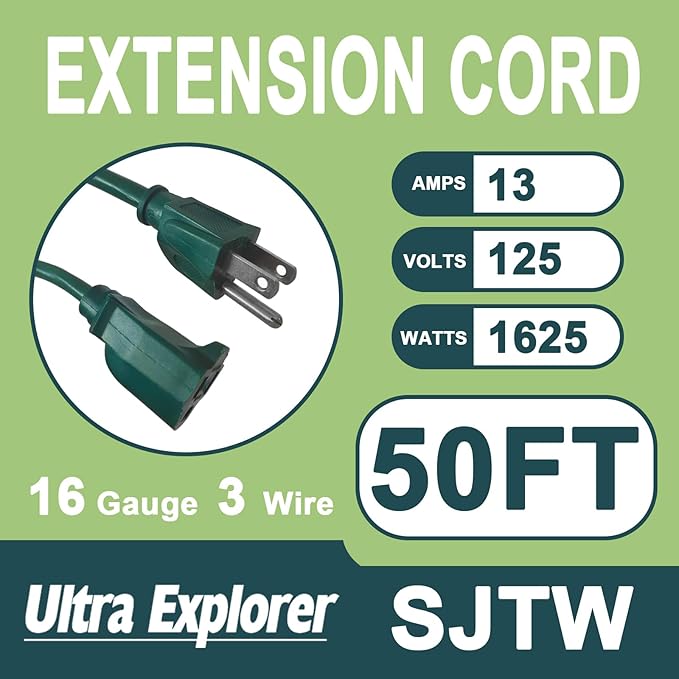 50 Ft Indoor Outdoor Green Extension Cord, 16/3 SJTW Heavy Duty Water-Resistant, 3 Prong Grounded Plug Power Cord for Home Appliance, Lights and Lawn, 13A 1625W, UL Listed