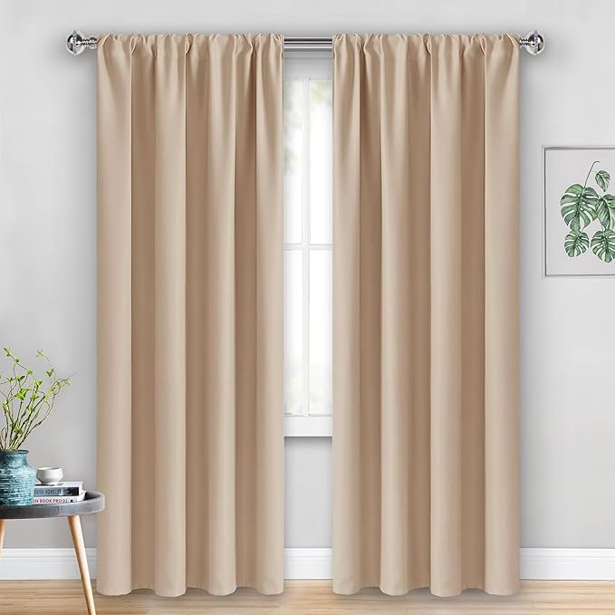 JIUZHEN Blackout Curtains for Bedroom - Thermal Insulated Room Darkening Rod Pocket Curtains for Living Room, Set of 2 Panels with Tiebacks, 42 x 96 Inch Length, Beige