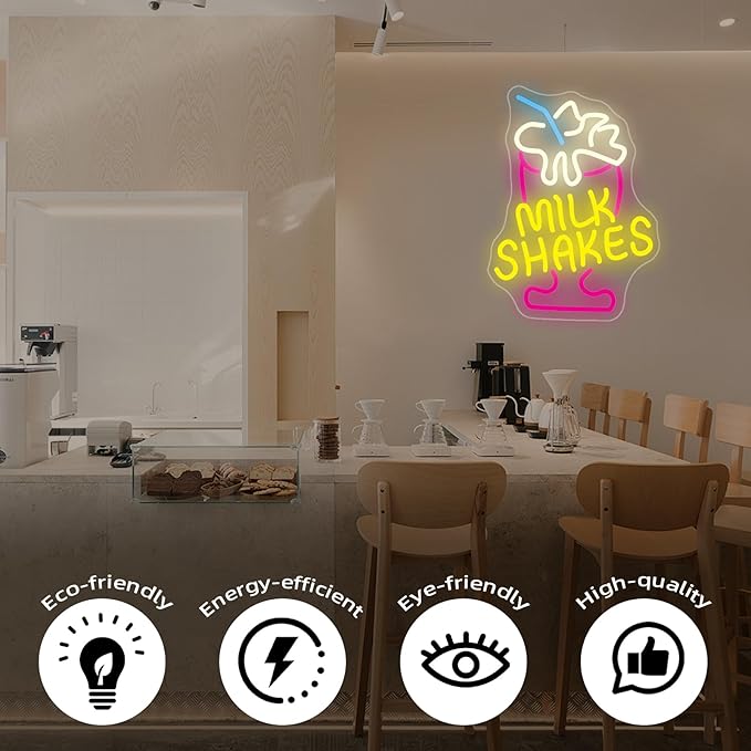 Milk Shakes Neon Sign Ice Cream Neon Signs for Wall Decor, Colorful LED Neon Lights for Dessert Shops Restaurants Bars with USB Power & Light-Up Signs