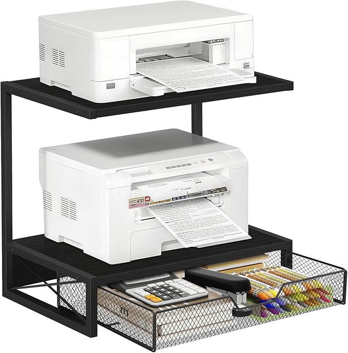 ELITEROO 2-Tier Printer Shelf with Drawers, Wooden Desk Organizer Shelf for Small Printers and Office Supplies, Desktop Storage Rack for Books, Folders, Scanner, Fax Machine, 3D Printer, Black