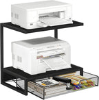 ELITEROO 2-Tier Printer Shelf with Drawers, Wooden Desk Organizer Shelf for Small Printers and Office Supplies, Desktop Storage Rack for Books, Folders, Scanner, Fax Machine, 3D Printer, Black