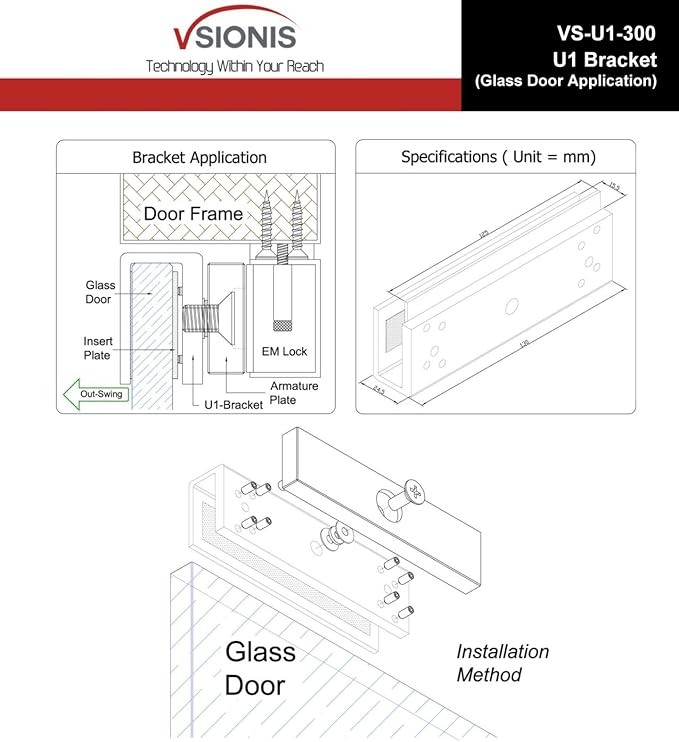 Visionis FPC-5224 300lbs Indoor Electromagnetic Lock with 300 lbs U Bracket for Glass Door for Access Control