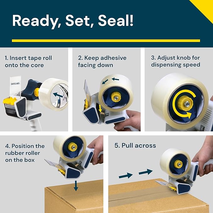 Excell Safeguard Packing Tape Dispenser with 1 Roll Transparent Tape, 2 Inch Wide Tape Gun with Pushflap Technology for Effortless Packaging, Box & Carton Sealing