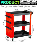 Heavy Duty 3 Tier Rolling Tool Cart, Mechanic Storage Organizer with Pegboard & Hooks, Lockable Wheels Utility Cart for Garage, Auto Repair Shop, Workshop, Warehouse（Red & Black）