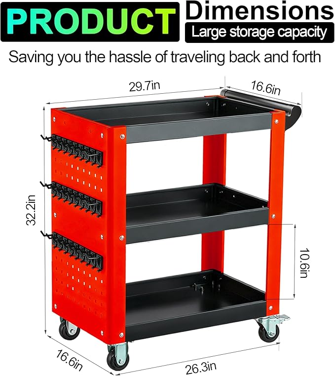 Heavy Duty 3 Tier Rolling Tool Cart, Mechanic Storage Organizer with Pegboard & Hooks, Lockable Wheels Utility Cart for Garage, Auto Repair Shop, Workshop, Warehouse（Red & Black）