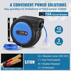 VEVOR 80FT Retractable Extension Cord Reel, 12AWG/3C SJTOW Heavy Duty Power Cord w/Lighted Electrical Triple Tap Outlets, 15A Circuit Breaker,180° Swivel Bracket for Workshop or Garage, Blue