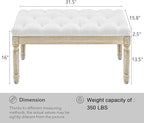 LOULENS French Vintage Bench, Linen Fabric Entryway Bench, Upholstered Tufted End of Bed Bench with Brushed Wood Legs, White