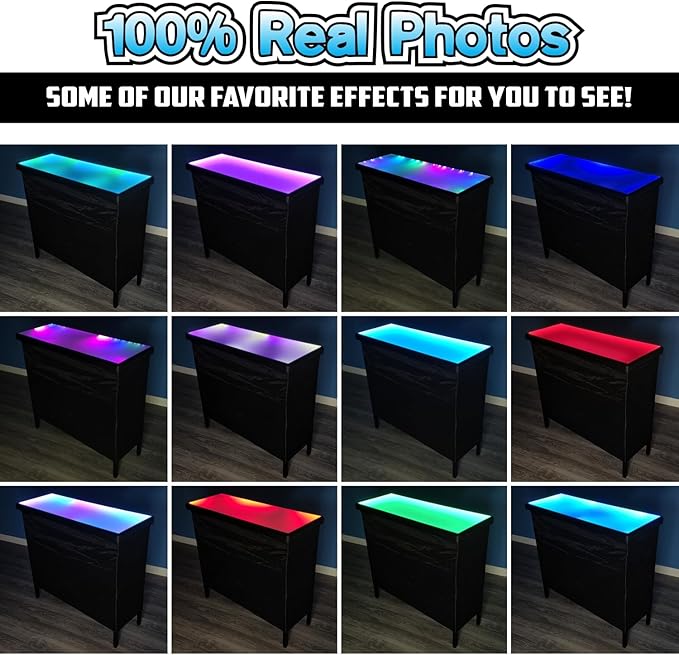 PartyLife Glowing LED Surface Portable Bar Table w/Mobile App, Wireless Remote, Folding Legs, 2 Bar Skirts, Heavy-Duty Storage Shelf & Carrying Case - Custom Skirt