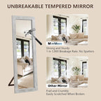Rustic Farmhouse Full Length Mirror 64"X21" Wood Frame Floor Mirror with Stand, Free Standing Mirror Leaning or Hanging for Bedroom Living Room, Tempered Glass, White