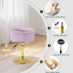 Adjustable Vanity Stool with Storage, 360° Swivel Makeup Stool Chair Small Velvet Round Ottoman with Gold Base for Bedroom (Purple)