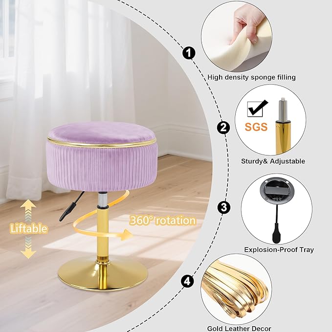 Adjustable Vanity Stool with Storage, 360° Swivel Makeup Stool Chair Small Velvet Round Ottoman with Gold Base for Bedroom (Purple)
