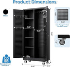 Mop and Broom Closet Storage Cabinet with Wheels and Pegboard,Metal Garage Storage Cabinet with Doors and Adjustable Shelves for Garage Home,Required Assembly,Black
