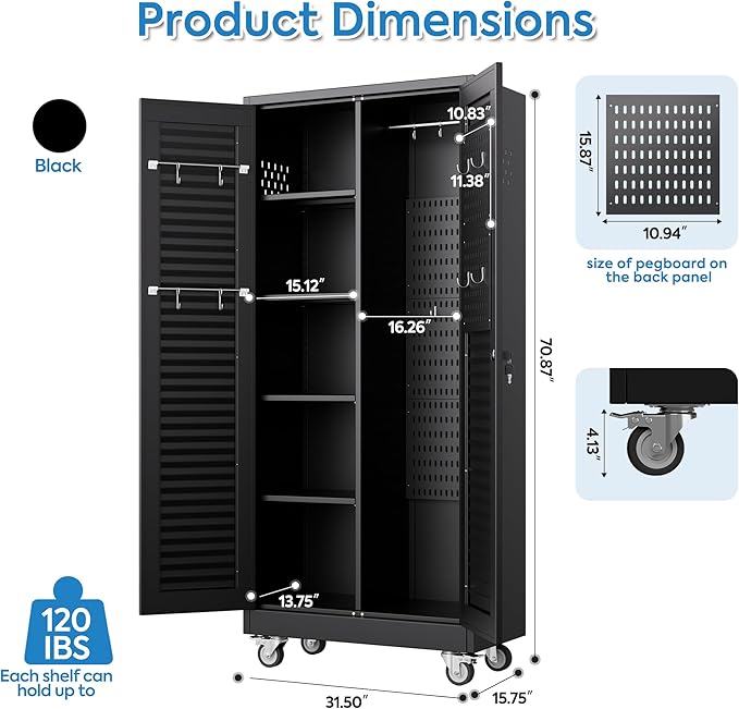 Aobabo Broom Closet Storage Cabinet,Lockable Garage Storage Cabinet with 4 Adjuatable Shelves,Required Assembly,Black,70.87''H*31.5''W*15.75''D