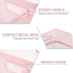 4 Pack Metal Mesh Basket with Hollow Handles Pink Wire Storage Bin for Organizing Stackable Metal Fine Mesh Basket for Pantry Bathroom Kitchen Cabinets Shelves