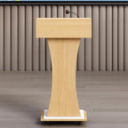 Mobile Wooden Podium Stand with Lockable Wheels Modern Presentation Blockboard Lectern Oak Color with Storage Shelves for Office, Church, Classroom, Conference Room