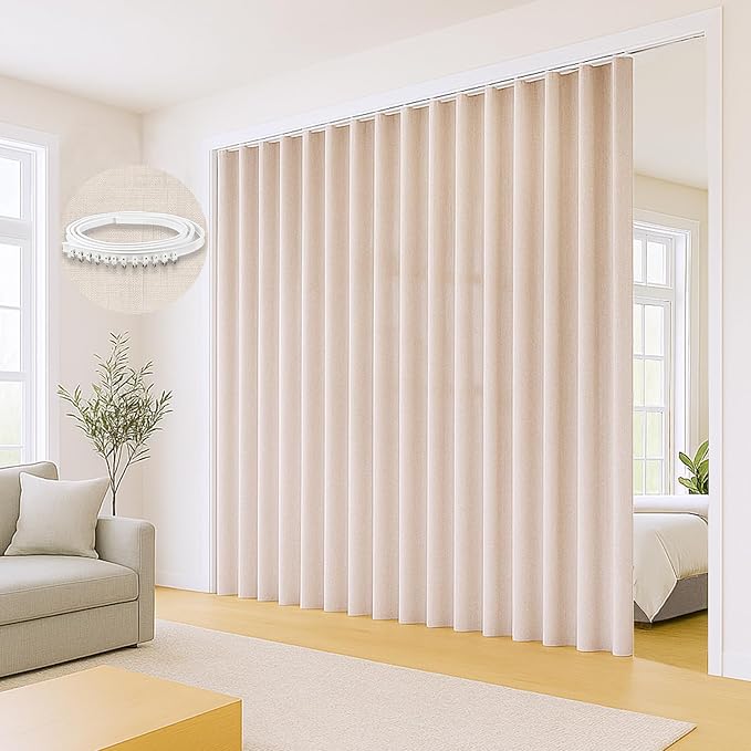 Faux Linen Semi Sheer Room Divider Curtain with Flexible Tracks, Light Filtering Privacy Curtains for Patio Sliding Glass Door, Window or Divider Drapes, Living Room, Beige, 72" W x 72" L,1 Panel