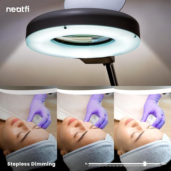 (New Model) Neatfi LED Magnifying Lamp with Clamp, 12W, 60 SMD LEDs, Adjustable Step Dimming Brightness, Desk Lamp Magnifier Light for Crafts, Painting, and Hobbies (White, 5-Diopter)