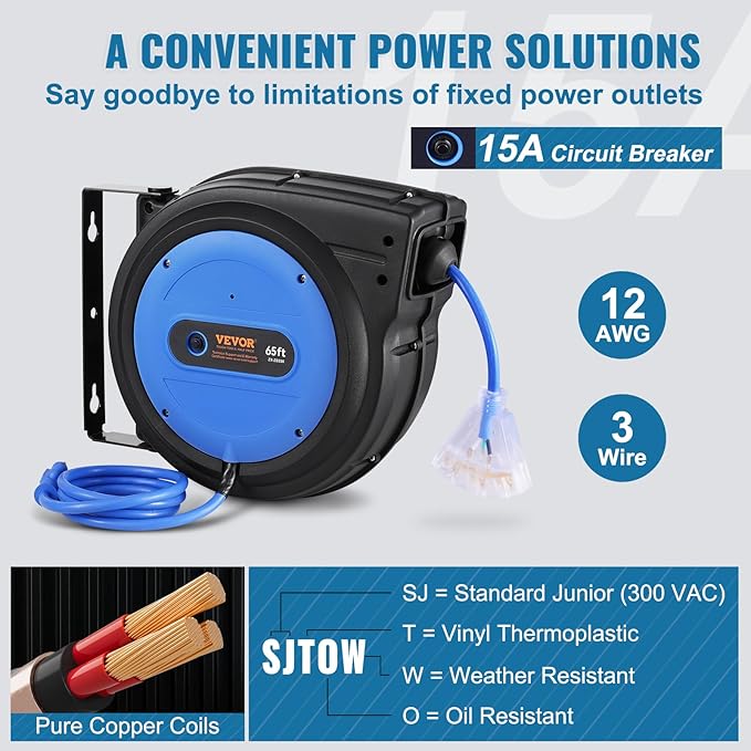 VEVOR 65FT Retractable Extension Cord Reel, 12AWG/3C SJTOW Heavy Duty Power Cord w/Lighted Electrical Triple Tap Outlets, 15A Circuit Breaker,180° Swivel Bracket for Workshop or Garage, Blue