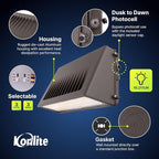 Konlite - 90W/63W/45W Full-Cutoff LED Wall Pack Lights, Selectable Wattage & CCT (5000K/4000K/3000K), LED Wall Light, Energy Efficient, Durable, Outdoor Commercial Wall Pack Light, 14,900LM