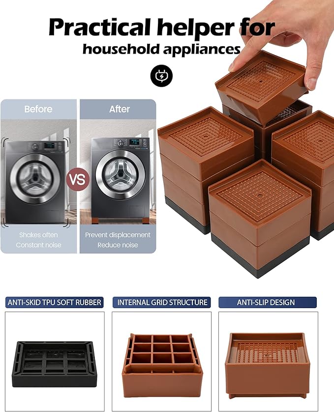 Furniture Risers, Tclouda Bed/Sofa/Desk/Table/Chair Leg/Fridge Lifts to 1.5, 3 and 4 in, Square Adjustable Risers Blocks for Extenders, Heavy Duty Supports Up to 1300 Lbs, 4 in-Brown-Square