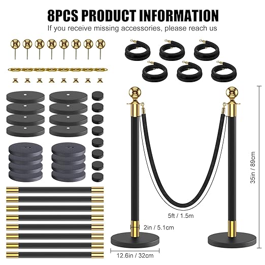 kaiyomi 8Pcs Stanchions with Black Velvet Ropes Set, 5 Feet Velvet Ropes and Posts Poles for Red Carpet Party Decoration and 360° Photo Booth (Golden & Black)