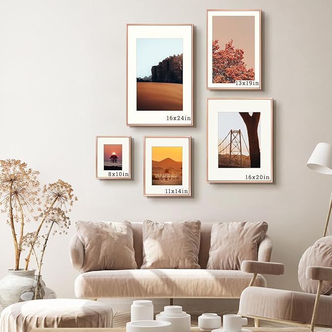 Frametory, 16x24 Metal Picture Frame with Mat for 12x18 Picture & Real Glass, Aluminum Photo Frame Collection (Rose Gold, 2 Pack)