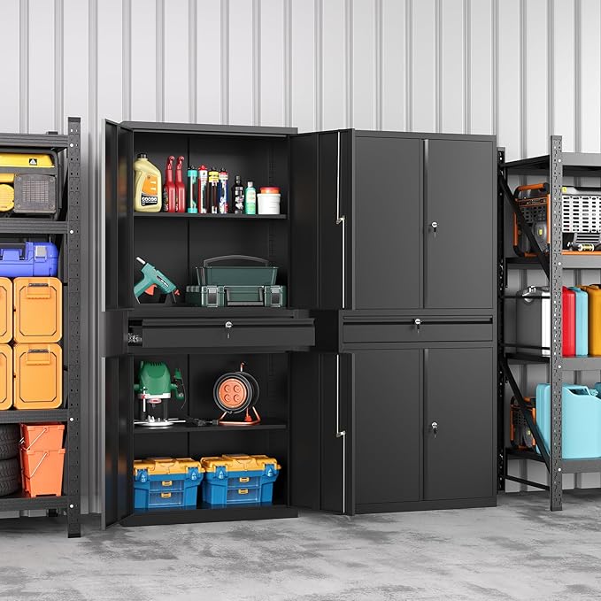 Metal Storage Cabinet with with Drawer, Garage Storage Cabinet with Locking Doors and Adjustable Shelves for Garage, Home Office,Warehouse (Black)