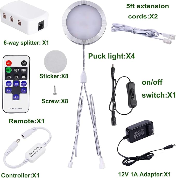 AIBOO Linkable LED Under Cabinet Lights 12V Slim Aluminum Dimmable Puck Lights with RF Remote Control & ETL Listed Power Adapter for Accent Display Lighting (4 Lights,Daylight White)