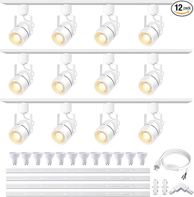 White Track Lighting Heads Kits, 12-Light GU10 LED Track Lights Extended 14.76Ft H Type Track Rails 10W 4000K Natural Light Ceiling Spotlight Fixture with Replaceable GU10 LED Bulbs, White