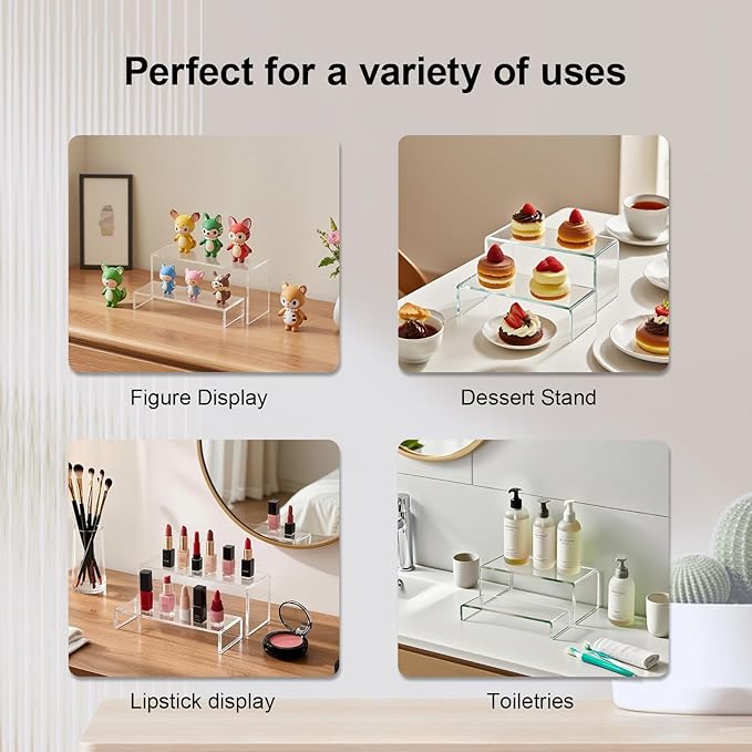 Acrylic Risers 8 Pcs – Clear Rectangular Display for Perfume Organizer, Figures, Jewelry, Dessert Table & Cupcake, 4 Sizes (7", 8", 9")