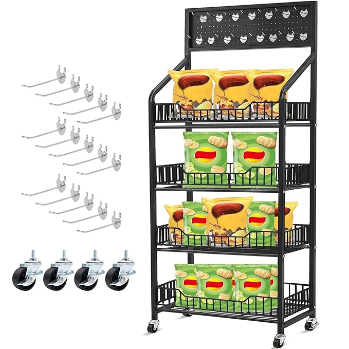 1 Set 4 Tier Retail Display Rack Shelf Cart with Wheels and 15 Hook Heavy-Duty Metal Snack Potato Chip Display Organizer Concession Stand for Supermarket Grocery Store Home Black