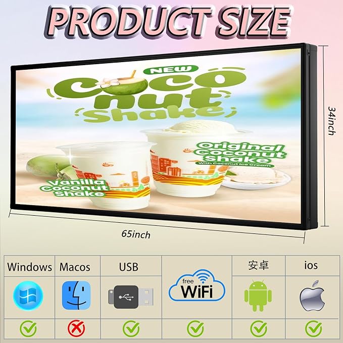 P5 Outdoor Full-Color LED Scrolling Display 65"x34" IP65 Waterproof Programmable LED Sign High Brightness, Smart WiFi and USB Control Commercial Advertising Screen for Video & Image