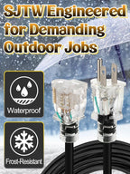 Lighted End Heavy Duty Outdoor Extension Cord Waterproof -16AWG, 3 Prong, 15A, 1875W, Flexible Black Power Extension Cord for Outsides, 50ft