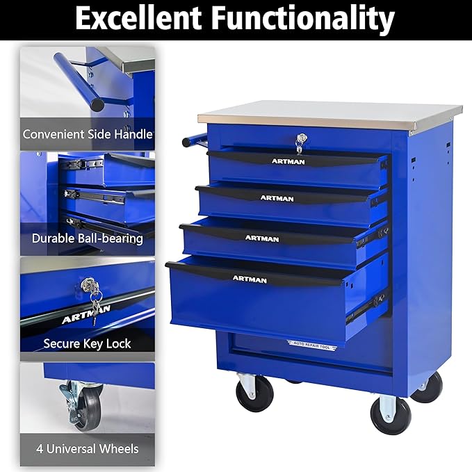 5 Drawer Rolling Tool Chest with Locker, 22.2" D Metal Movable Lockable Tool Cart Box Multi-Functional Hardware Storage Cabinet Box for Warehouse Basement Home Pantry Garage