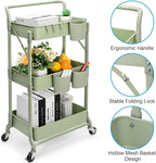 Foldable 3 Tier Rolling Cart, Metal Utility Cart, Folding Mobile Multi-Function Storage Trolley Organizer Cart for Home Library Office(Green)