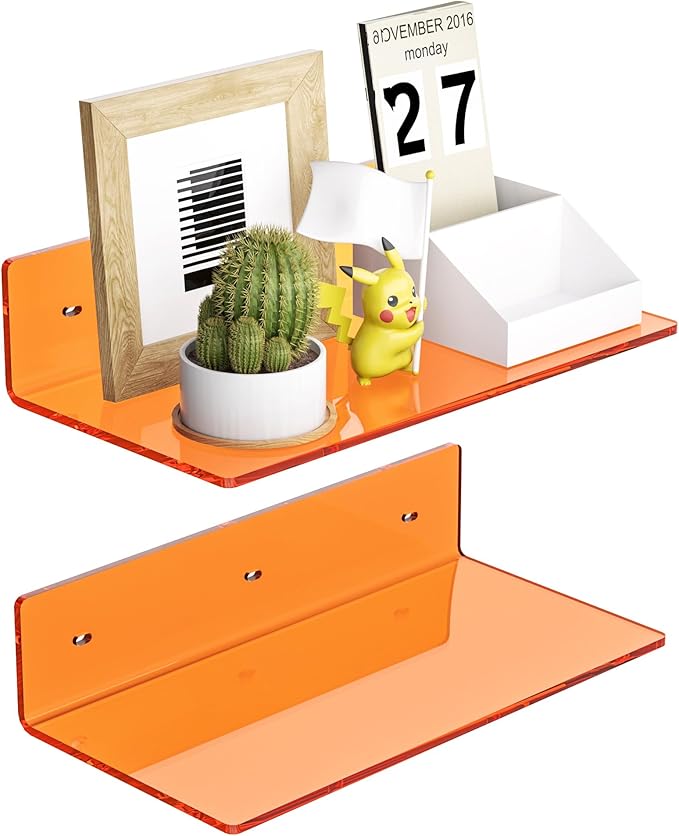 12 Inches Small Orange Wall Shelves Set of 2, Acrylic Floating Shelf for Bedroom, Living Room, Funko Pop Shelves, Smart Speaker, 2 Pack