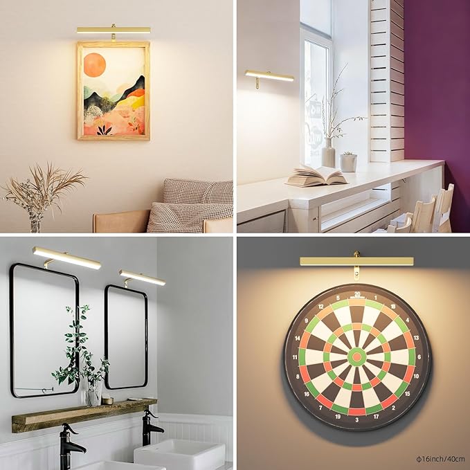 4W Plug in Picture Light for Paintings with Remote Control, 12" LED Art Display Lighting for Gallery, Dartboard, Artwork, Gold Wall Mounted Picture Frame Light