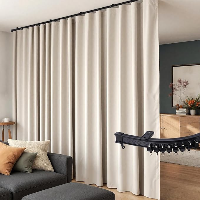 Room Divider Curtains Flexible Ceiling Tracks Set Curtain Track Ceiling Mount Blackout Curtain for Living Room Bedroom Ceiling Curtain Rod Privacy Dividers Panels W120 x H108 Beige Drape & Black Rail