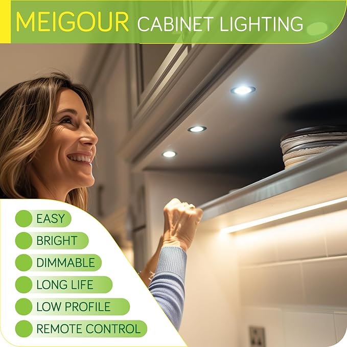 Under Cabinet LED Puck Lights Kit, Kitchen Hutch Shelf Lighting, Parallel Connection, 120VAC Wall Plug & Hardwired, Remote Control Dimmable, Warm White, 16 Lights